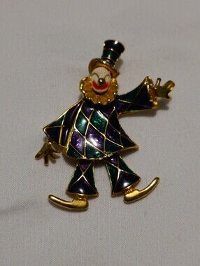 Gold Tone Harlequin Clown Brooch with Green and Purple Enamel
